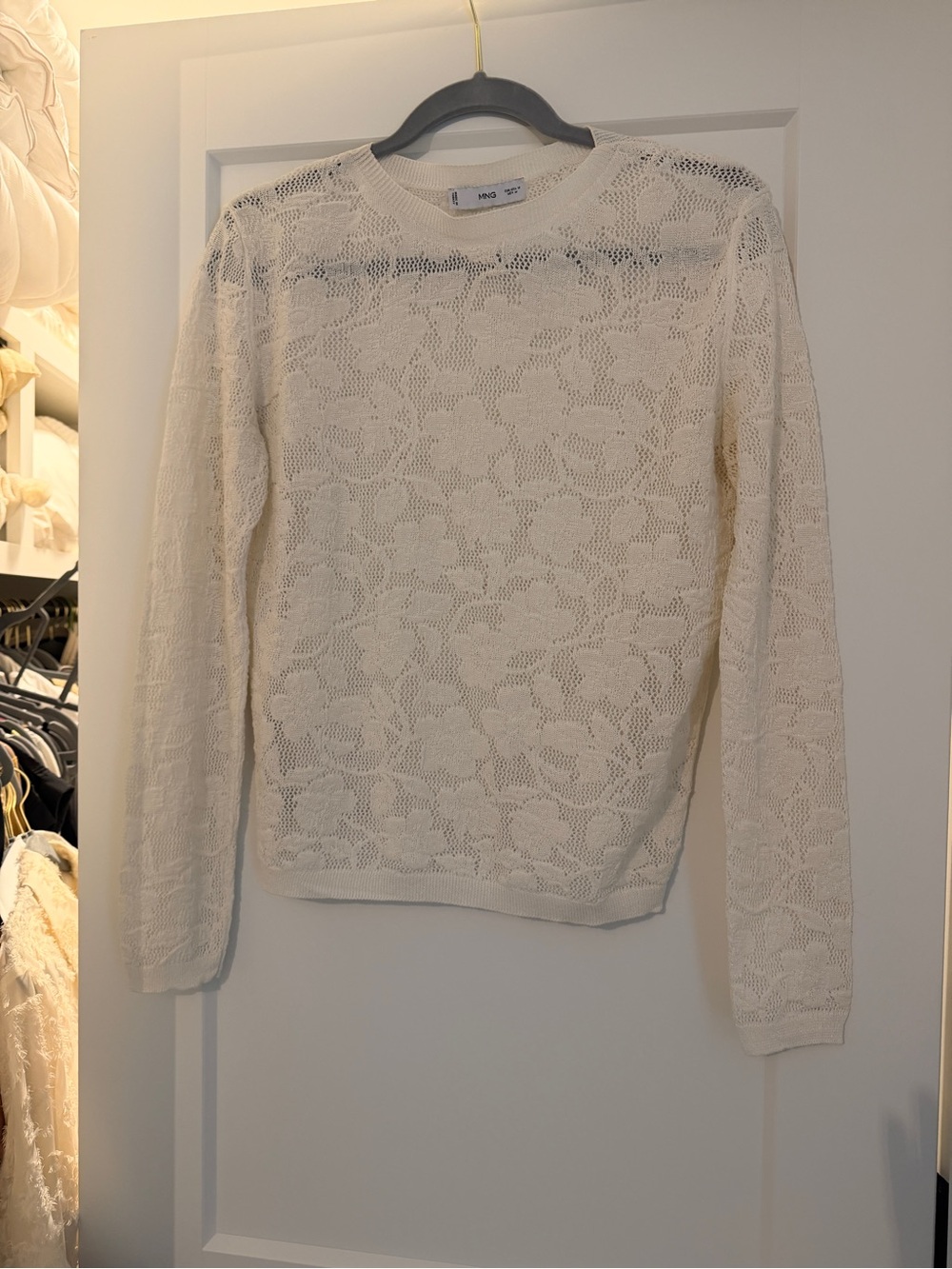 Mango Cream Lace Knit Long-Sleeve Top